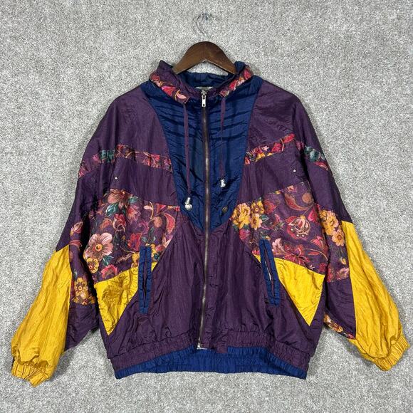 Vintage Athletech Purple Yellow Floral Windbreaker Zip Up Jacket Size Medium - Picture 1 of 7